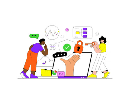 Modern flat line vector illustration showing a creative team managing digital security, cloud data protection, and AI-powered encryption. Concepts for cybersecurity, password safety, privacy policy, and fintech infrastructure. Ideal for SaaS landing pages and web design.のイラスト素材