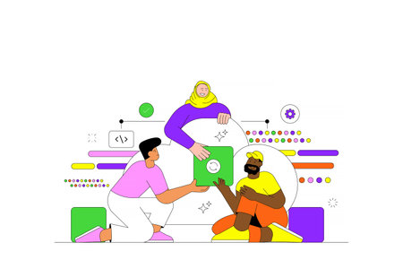 Modern flat line vector illustration showing a professional team managing cloud infrastructure and data synchronization. Featuring a large cloud icon, data blocks, and database elements. Perfect for web hosting services, SaaS backup solutions, and server management pages.のイラスト素材