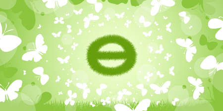 Earth Day sign and butterfly. Planet sign on green background with butterflies. Wide format. Vector illustration.のイラスト素材