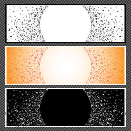 Set of horizontal banners. Banners with scatter alphabet symbols. Studying and learning concept. Vector illustration.のイラスト素材