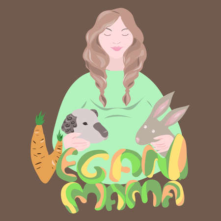 Pregnant vegan woman care little rabbit and sheep on green backgroundのイラスト素材