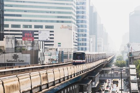 Bangkok, Thailand - January 12, 2019 :BTS Sky train mass transit system in Bangkok arrives to the station in the evening timeのeditorial素材