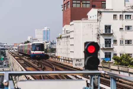 Bangkok, Thailand - January 12, 2019 :BTS Sky train mass transit system in Bangkok arrives to the station in the evening timeのeditorial素材