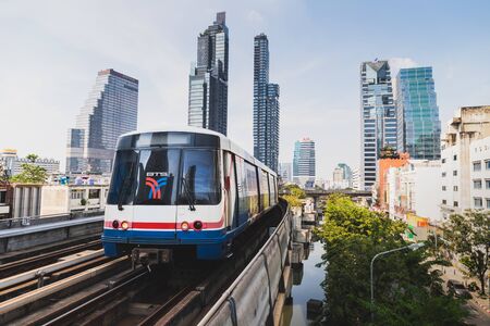 Bangkok, Thailand - January 12, 2019 :BTS Sky train mass transit system in Bangkok arrives to the station in the evening timeのeditorial素材
