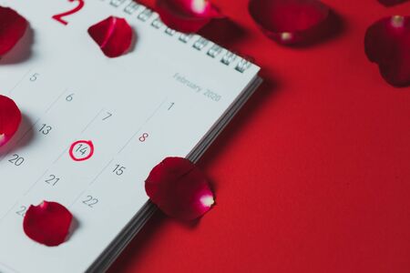 White paper calendar and red rose petals placed on a red background, top view and Copy space, Valentine's day themeの写真素材