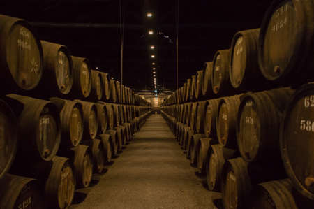 Long rows of barrels filled with port wine in a cellar in Portoの写真素材