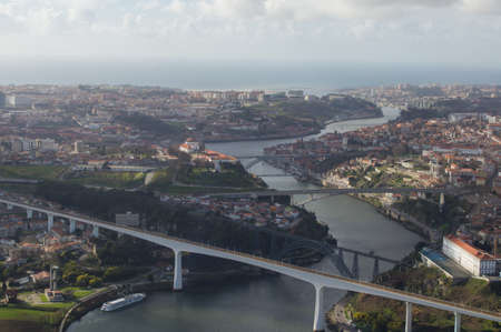 aerial view of Poro, five bridges and the mouth of the river douroの写真素材