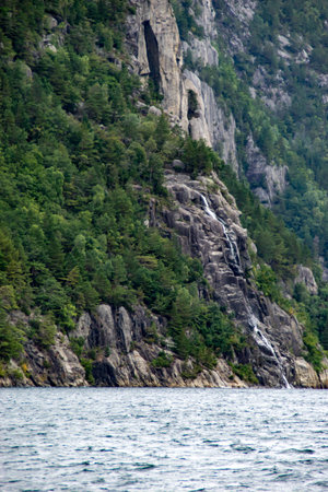 a waterfall in the Lysefjord in norwayの写真素材