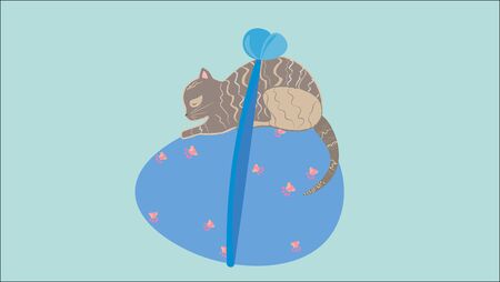 A little kitten is playing with an Easter blue egg, it is bounded to the egg by a bow.のイラスト素材