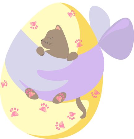 A little kitten is playing with an Easter yellow egg, being bounded by a purple color bow to the egg.のイラスト素材