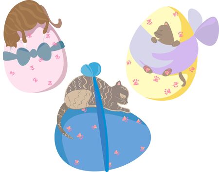 Three little kitten are playing with Easter yellow, pink and blue eggs, being bounded by colorful bows to the eggs.のイラスト素材