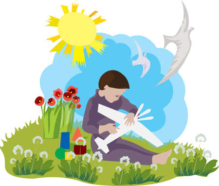 A little boy playing with a plane toy on a summer day surrounded by flowers, birds, yellow sun and his toys.のイラスト素材