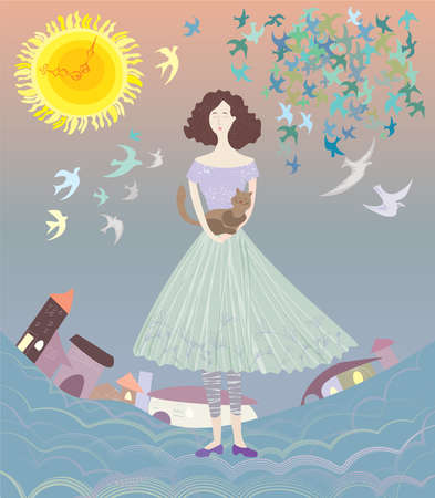 Girl holding a cat in her arms, standing in the street under a beautiful sun and surrounded by flying birds.のイラスト素材