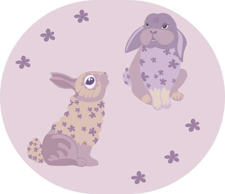 Two little magic rabbits in purple,with flowers in the middle of a circle.のイラスト素材