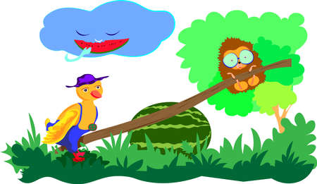 A duckling and a hedgehog are playing in the nature and having fun.のイラスト素材