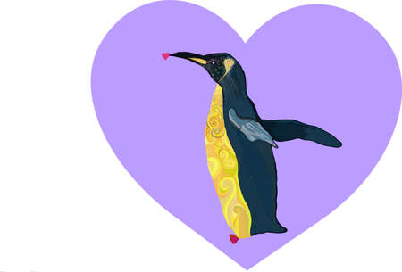 Beautiful card for Valentines day, representing a penguin holding a little heart on a background of purple big heart.のイラスト素材