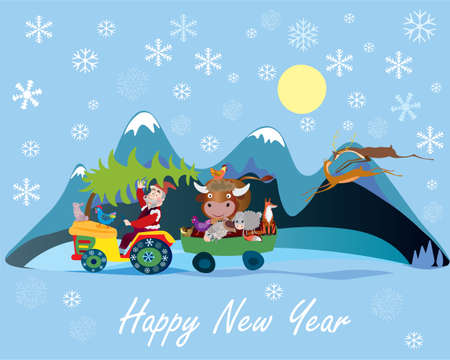 Santa with farm and wild animals is driving a tractor with a Christmas tree on it through the mountains with snow.のイラスト素材