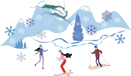 Fun winter sport activities in mountains.のイラスト素材