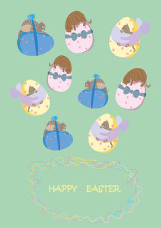 Happy Easter card with kittens and colorful Easter eggs.のイラスト素材