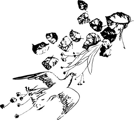 A bird flights into linden tree leaves and flowers.のイラスト素材