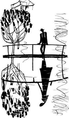 A young boy is looking into water over a bridge and he sees the image of his girlfriend in the water reflection.のイラスト素材