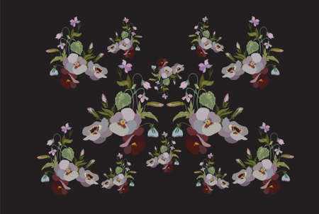 Pattern with Violet Pansy Spring flower on black background.のイラスト素材