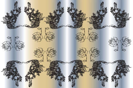 Pattern elements of rose, floral and linear compositions on a soft silver, grey gradient.のイラスト素材