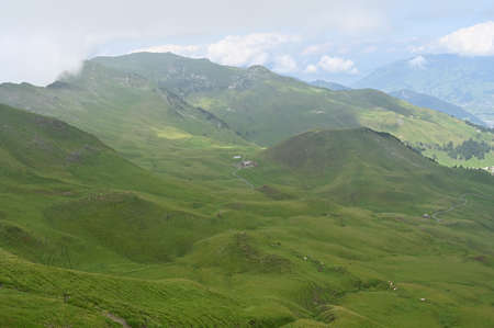Rolling green hills of Switzerland with cloudy blue sky on a summer day.の写真素材