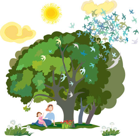 A little girl and her mother are sitting under a big tree looking at birds and enjoying a sunny day in nature.のイラスト素材