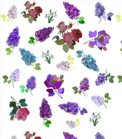 Colorful, floral pattern of spring flowers like snowdrop, lilac and roses.のイラスト素材