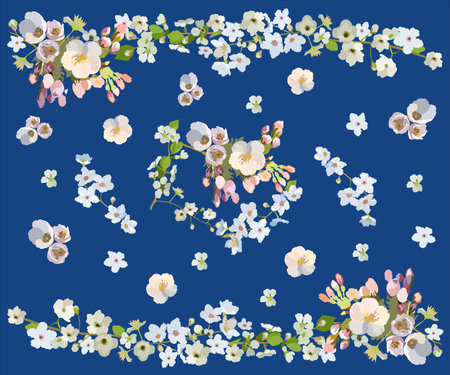 Floral background composition of seasonal spring flowers and cherry tree blossom branches.のイラスト素材