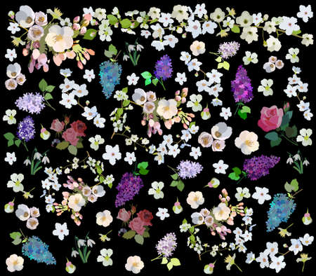 A colorful pattern of various seasonal spring flowers, like snowdrops, rouses, blooming cherry tree flowers, lilacs and jasmines flowers.のイラスト素材