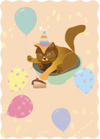 A cute kitten with balloons and cake.のイラスト素材