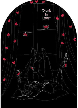 A linear composition with symbolic elements of two lovers laying side by side and enjoying a bottle of wine celebrating their engagement.のイラスト素材