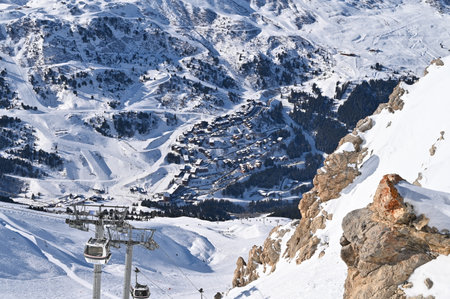 Ski lifts in the mountains of Alpe di Siusi, Italyの写真素材