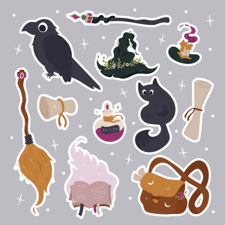magic set of witchcraft stickers in hand draw style.Witch broomstick, book,scroll, poison,cat,raven.のイラスト素材