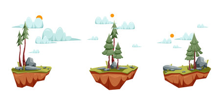 Set of flying islands, fir tree, clouds, cartoon, stonesのイラスト素材