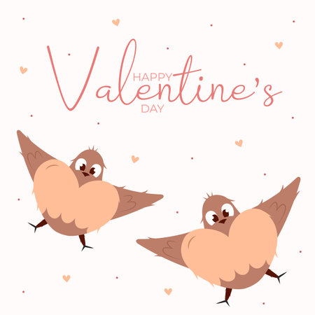 Valentine social media post with birds, hearts. Banner with phrase Happy Valentines day. Peach fuzz, pink, brown colors. Isolated on white. Vector illustration. Web design.のイラスト素材
