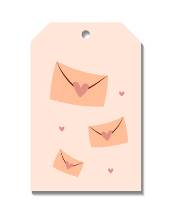 Single hand draw valentine labels,badge isolated on white.Label with envelope, letters and hearts. Tag in doodle style. Peach fuzz,beige, pink and red colors.のイラスト素材