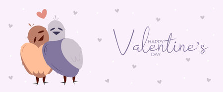 Hand draw banner with two bird and hearts for Valentines day. Happy Valentines day and button read more. Peach fuzz, red, purple brow and pink colors.Cartoon style. Web vector illustrationのイラスト素材