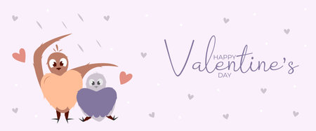 Single hand draw banner with two bird under rain,dots and hearts for Valentines day. Happy Valentines day. Peach fuzz, red, purple brow and pink colors.Cartoon style. Web design vector illustrationのイラスト素材