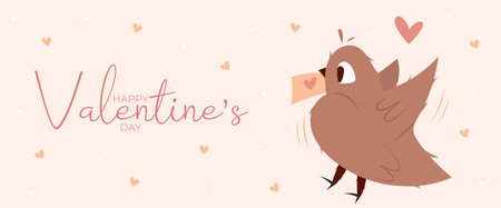 Hand draw banner with flying bird, dots and hearts for Valentines day. Happy Valentines day and button read more. Peach fuzz, red, brow and pink colors.Cartoon style. Web vector illustrationのイラスト素材