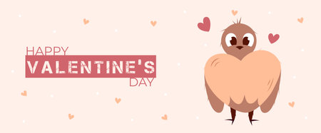 Single hand draw banner with bird and hearts for Valentines day. Happy Valentines day and button read more. Peach fuzz, red, brow and pink colors.Cartoon and doodle style. Web vector illustrationのイラスト素材