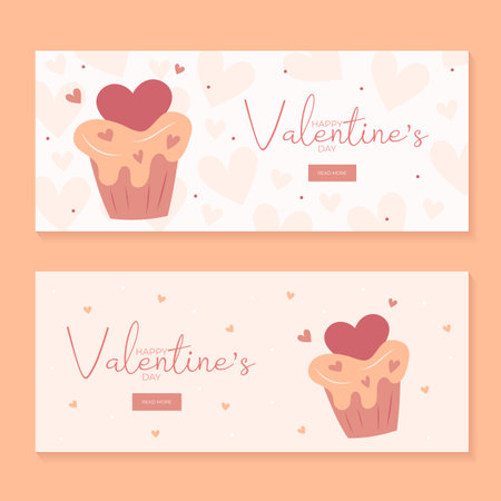 Set of hand draw banners with cupcake and hearts for Valentines day. Happy Valentines day and button read more. Peach fuzz, red, brow and pink colors.Cartoon style. Web vector illustrationのイラスト素材