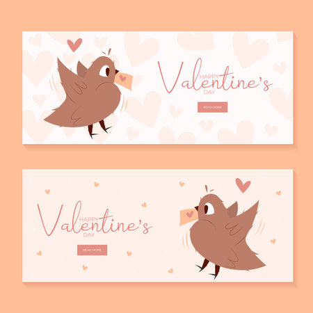 Set of hand draw banners with flying bird, envelope hearts for Valentines day. Happy Valentines day and button read more. Peach fuzz, red, brow and pink colors.Cartoon style. Web vector illustrationのイラスト素材