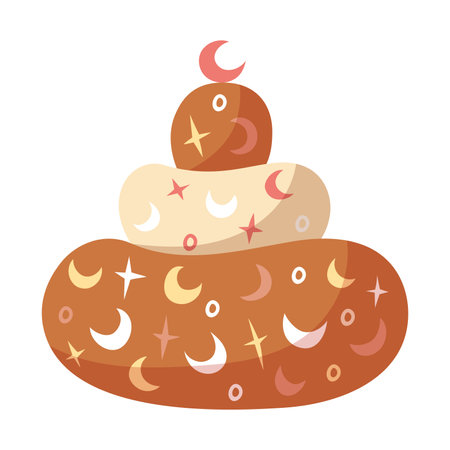 Hand draw sweet birthday cake with moon and stars isolated on white background. Cute vector illustration in cartoon style. Pink and orange colors.Doodle style. Cake icon. Celebration, party.Chocolate.のイラスト素材