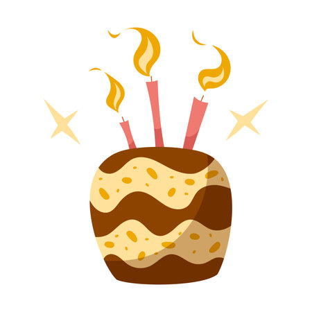 Hand draw sweet birthday cake with candles isolated on white background. Vector illustration in cartoon style. Pink.brown, orange colors.Doodle style. Celebration, party.Chocolate sponge cakeのイラスト素材