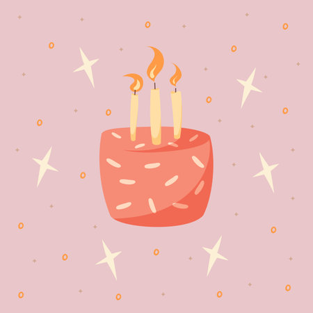 Hand draw postcard with doodle cakes, candles and stars. Pink and yellow colors. Card for birthday,...