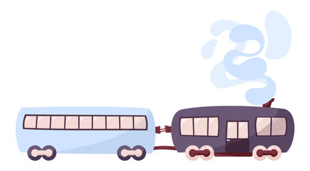 Hand draw trains with two carriages and smoke isolated on white. Vector illustration in retro style.Travelling on train. Single modern train. Railroad transport. Flat syle.Tourism.のイラスト素材