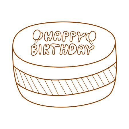 Hand draw sweet chocolate cake with lettering happy birthday isolated on white background. Cute vector illustration. Line art and Doodle style. Cake icon. Celebration, party.Coloring book.のイラスト素材